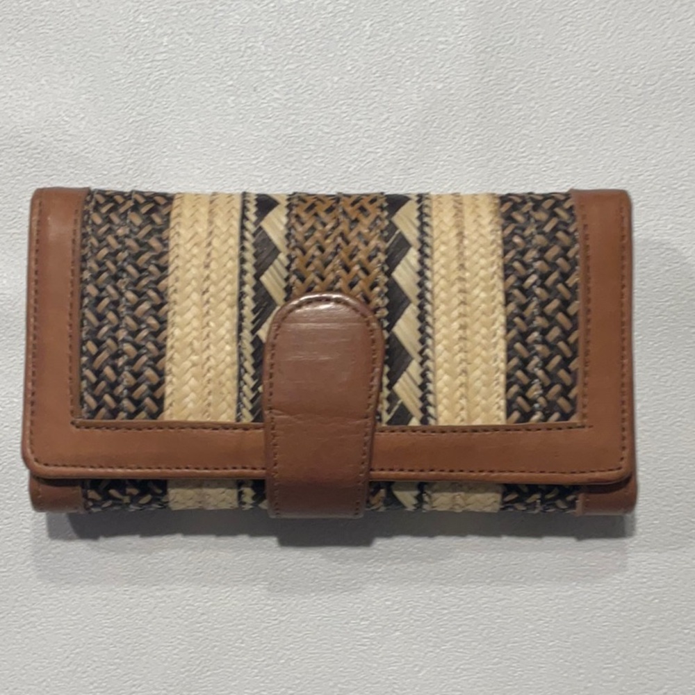 Tan and Brown Woven Wicker & Leather Wallet